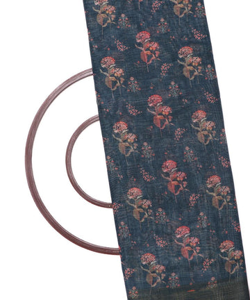 teal blue digital floral printed zari border doria linen fabric